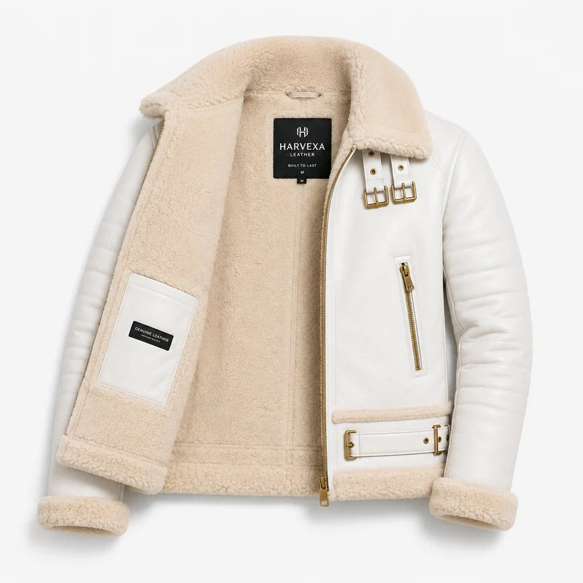 Men's White Shearling Bomber Jacket 