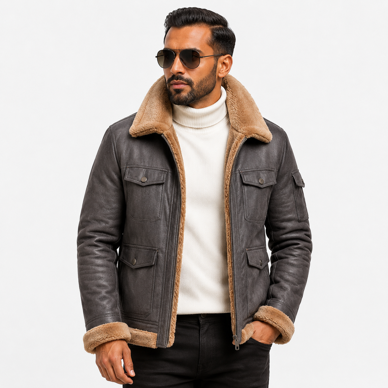 Men's Distressed Grey Suede Aviator Jacket