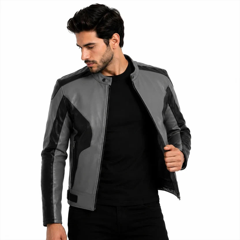 Men's White and Black Genuine Leather Biker Jacket