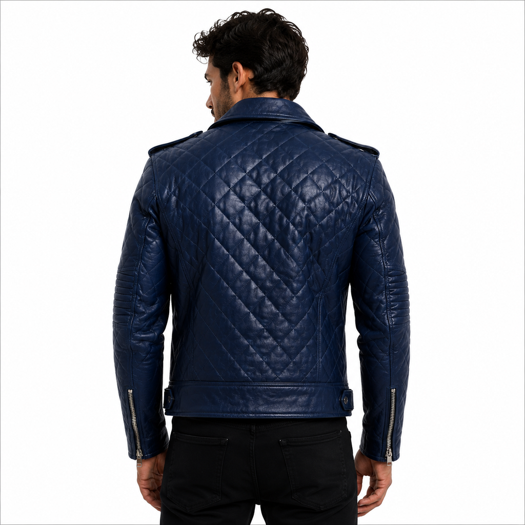 Men's Navy Blue Diamond Quilted Leather Biker Jacket