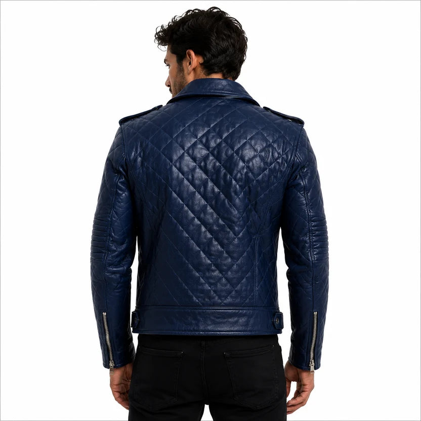 Men's Navy Blue Quilted Leather Biker Jacket 