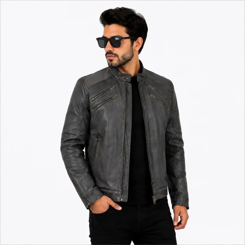 Grey Leather Jacket with Multiple Zippers Michael Jackson Style