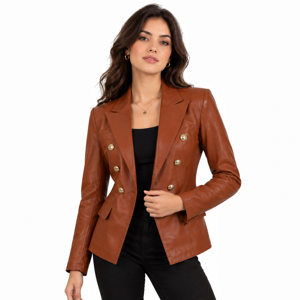 Women's  Leather Blazer Jacket Double Breasted Gold Button Blazer Coat for Women