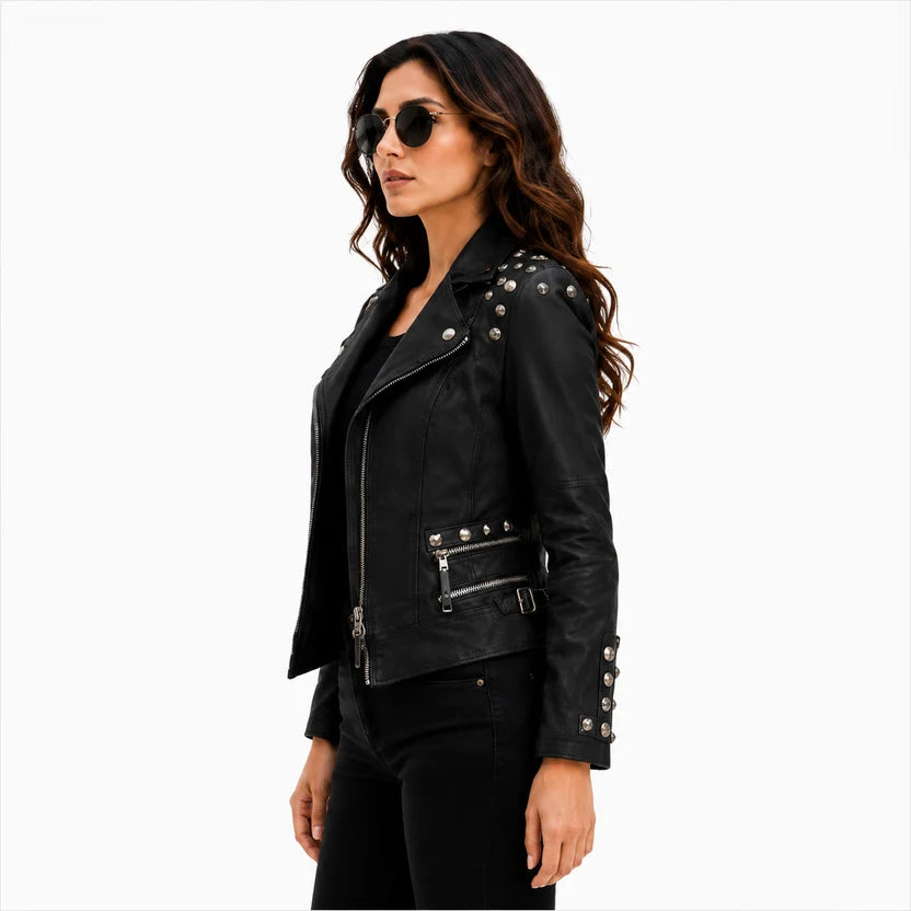 Women's Black Studded Leather Biker Jacket