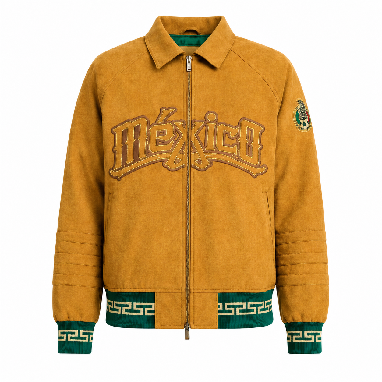 Mustard Yellow Mexico Suede Varsity Jacket with Mexico Embroidery and Green Trim