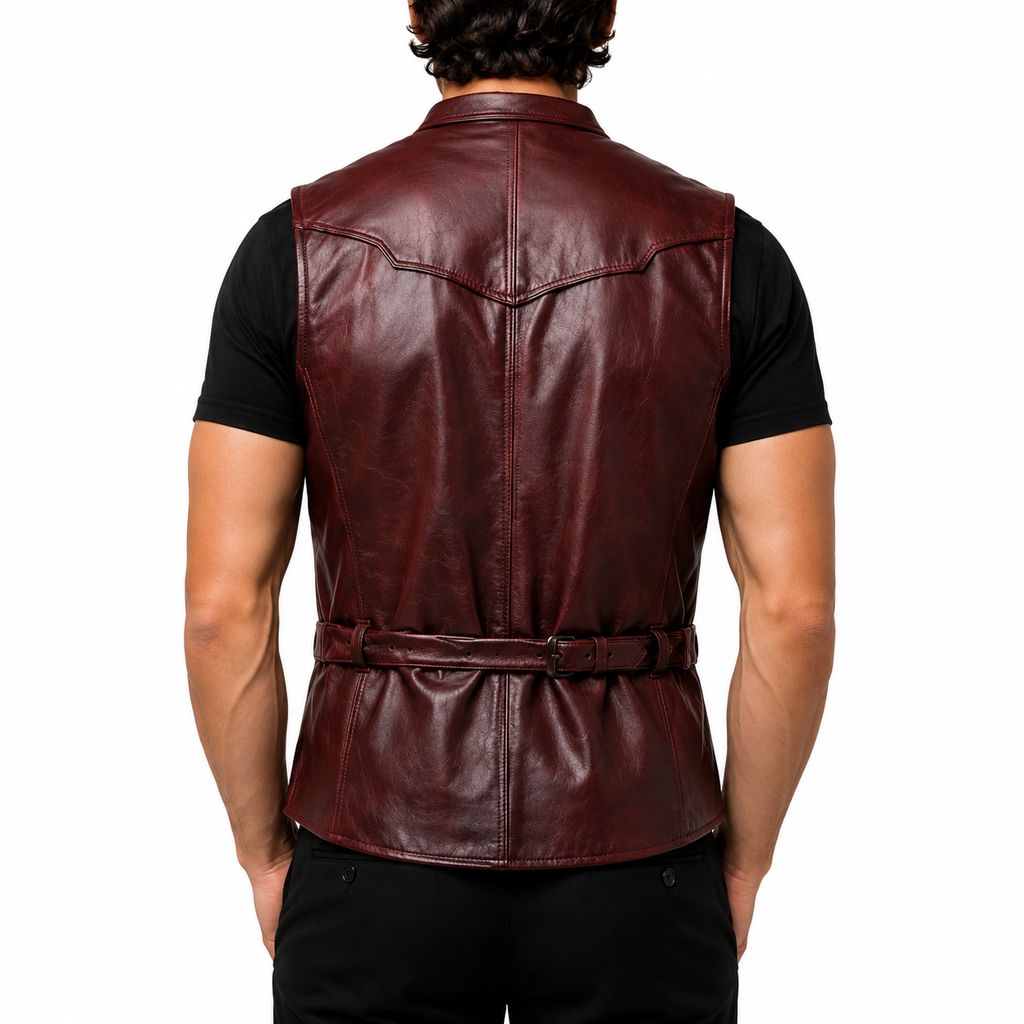 Burgundy Leather Dress Vest for Men Back View
