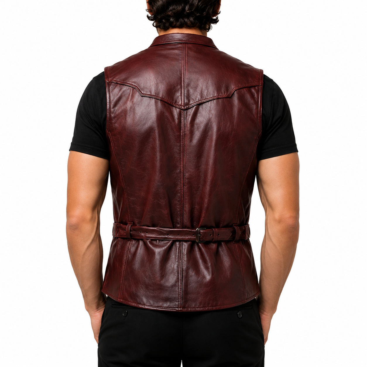 Burgundy Leather Dress Vest for Men Back View