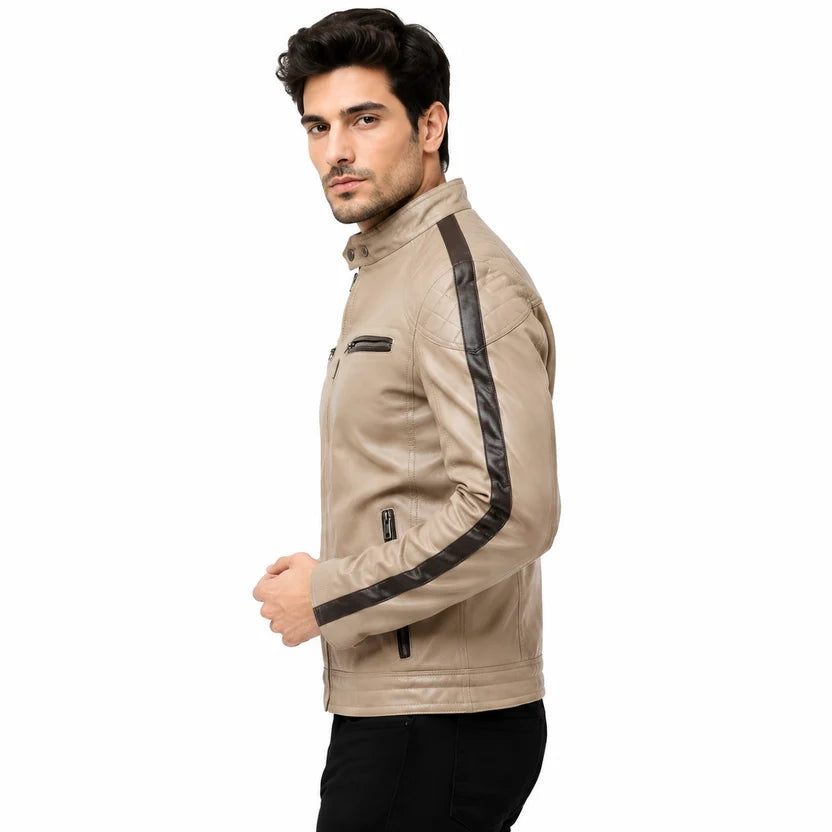 Men's Beige and Brown Stripe Cafe Racer Leather Jacket