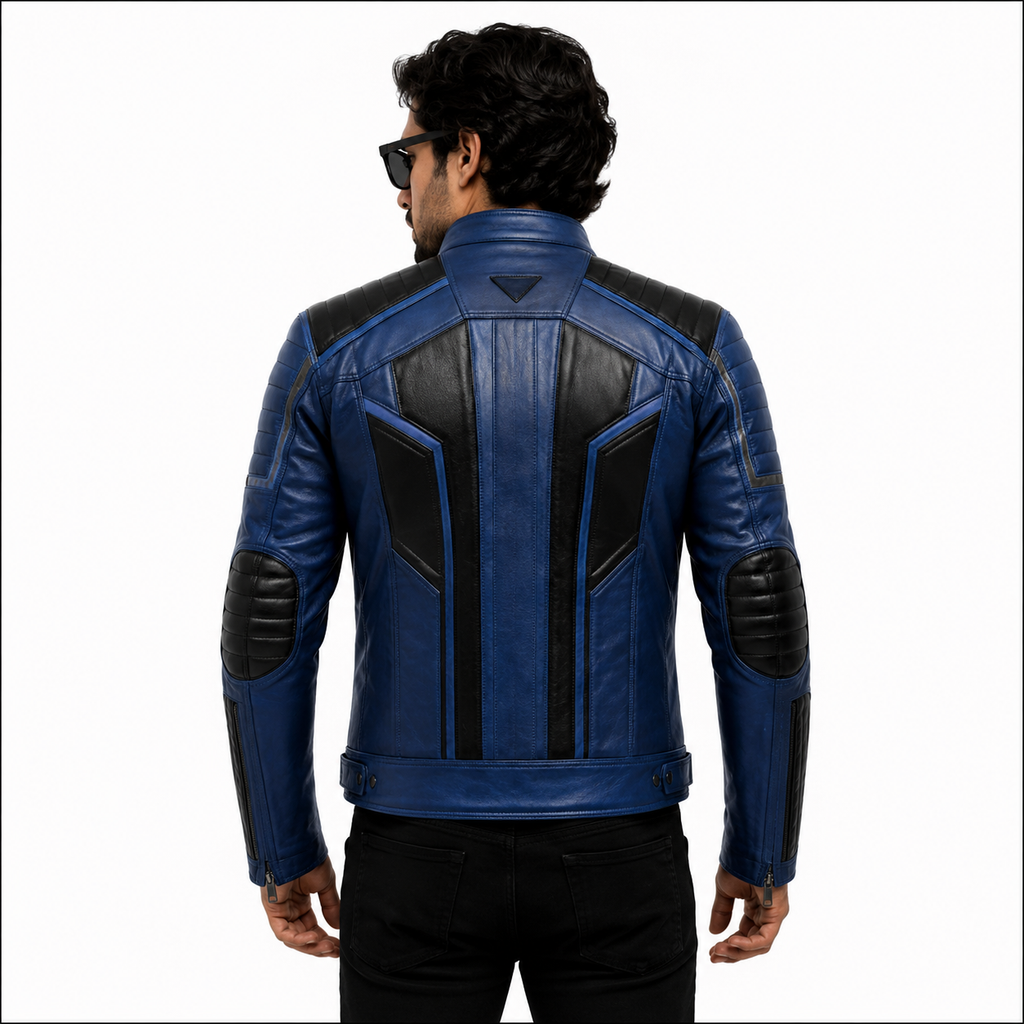 Men's Blue & Black Cafe Racer Leather Biker Jacket