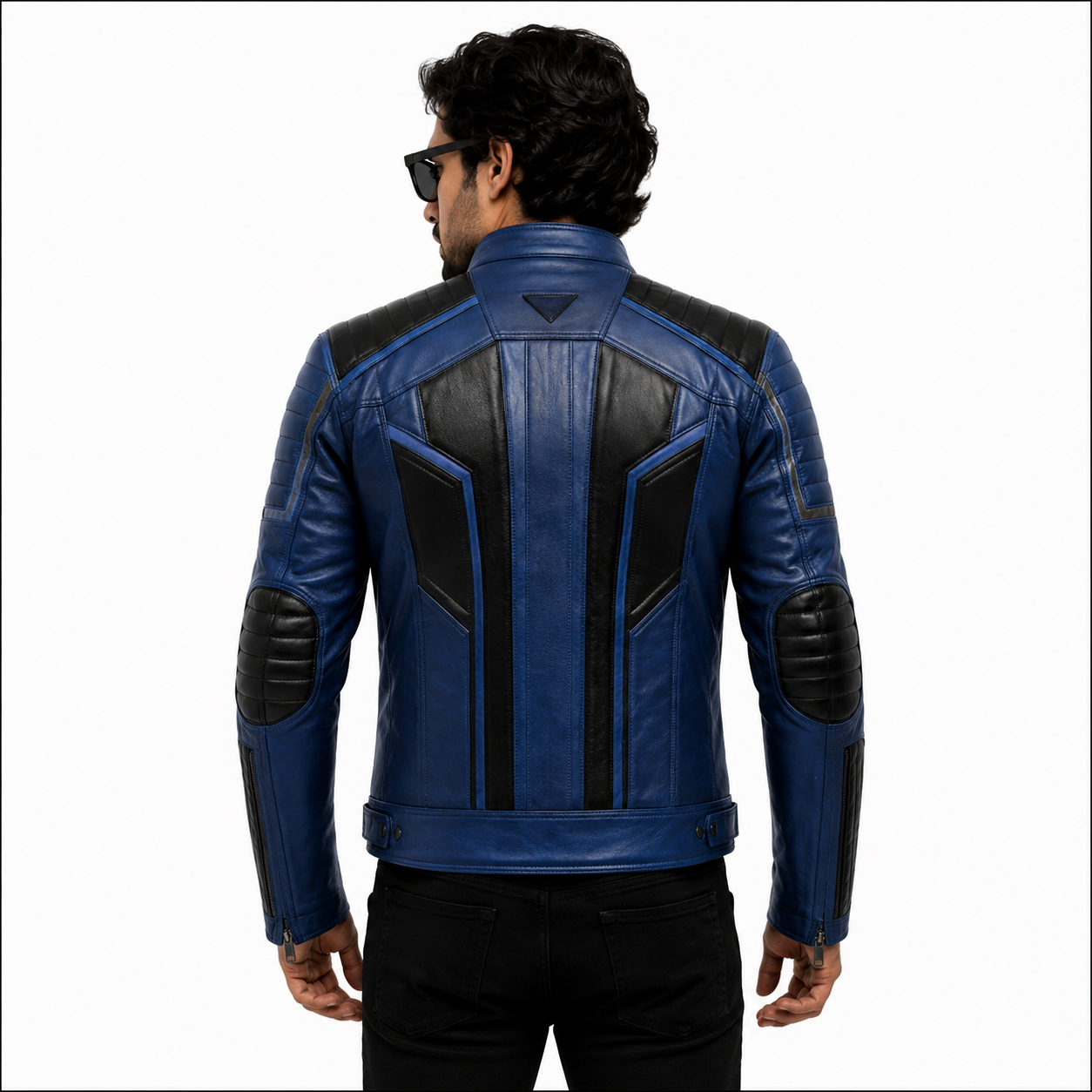 Men's Blue & Black Cafe Racer Leather Biker Jacket