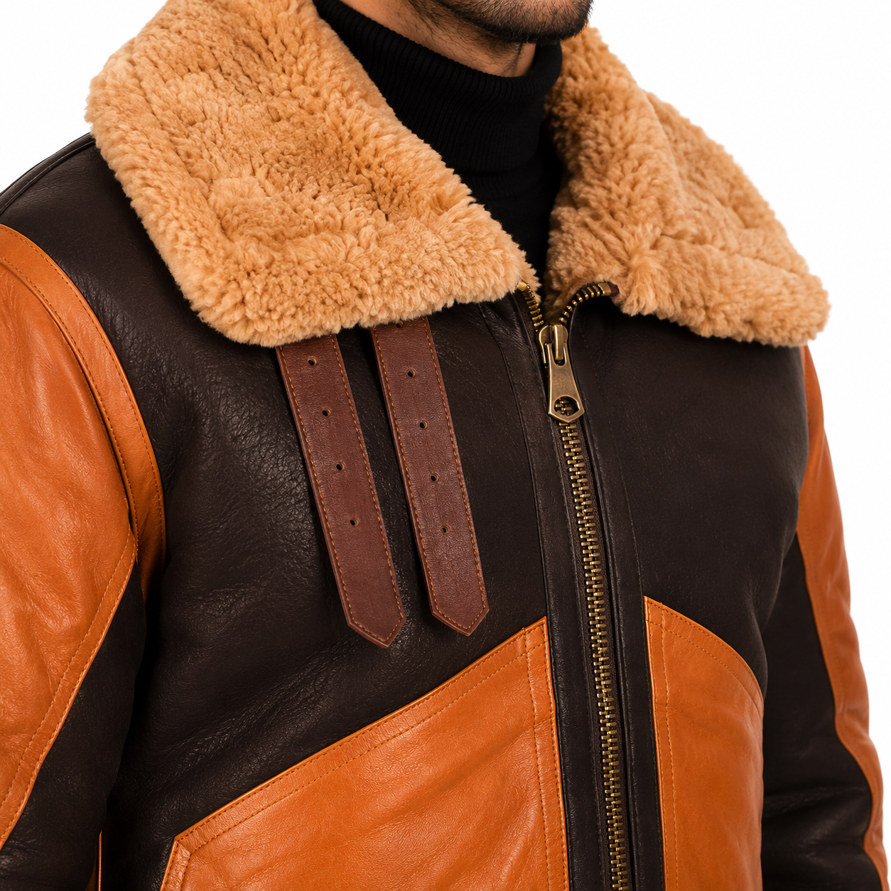 Tan Shearling Leather Bomber Jacket