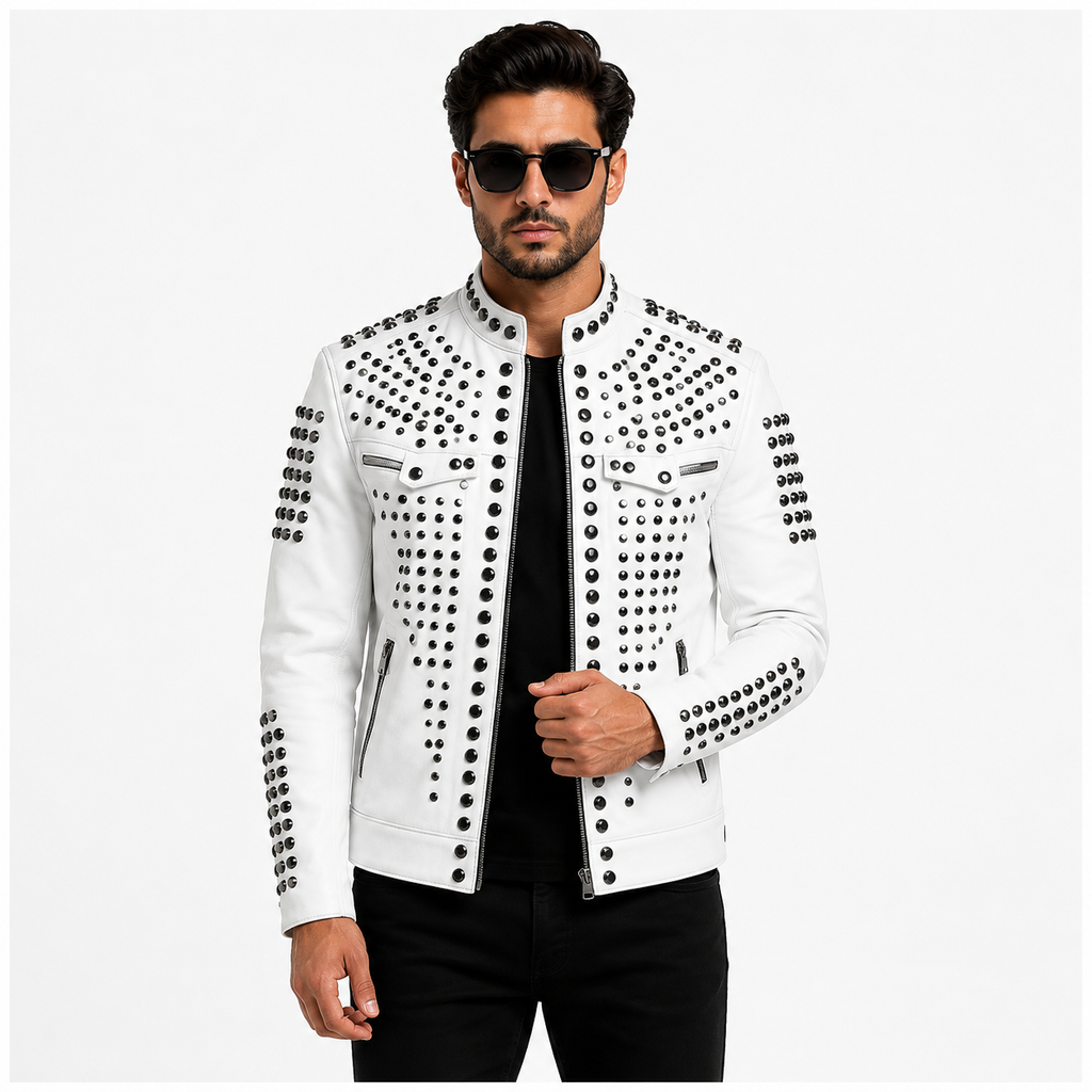 Men's White Studded Biker Leather Jacket