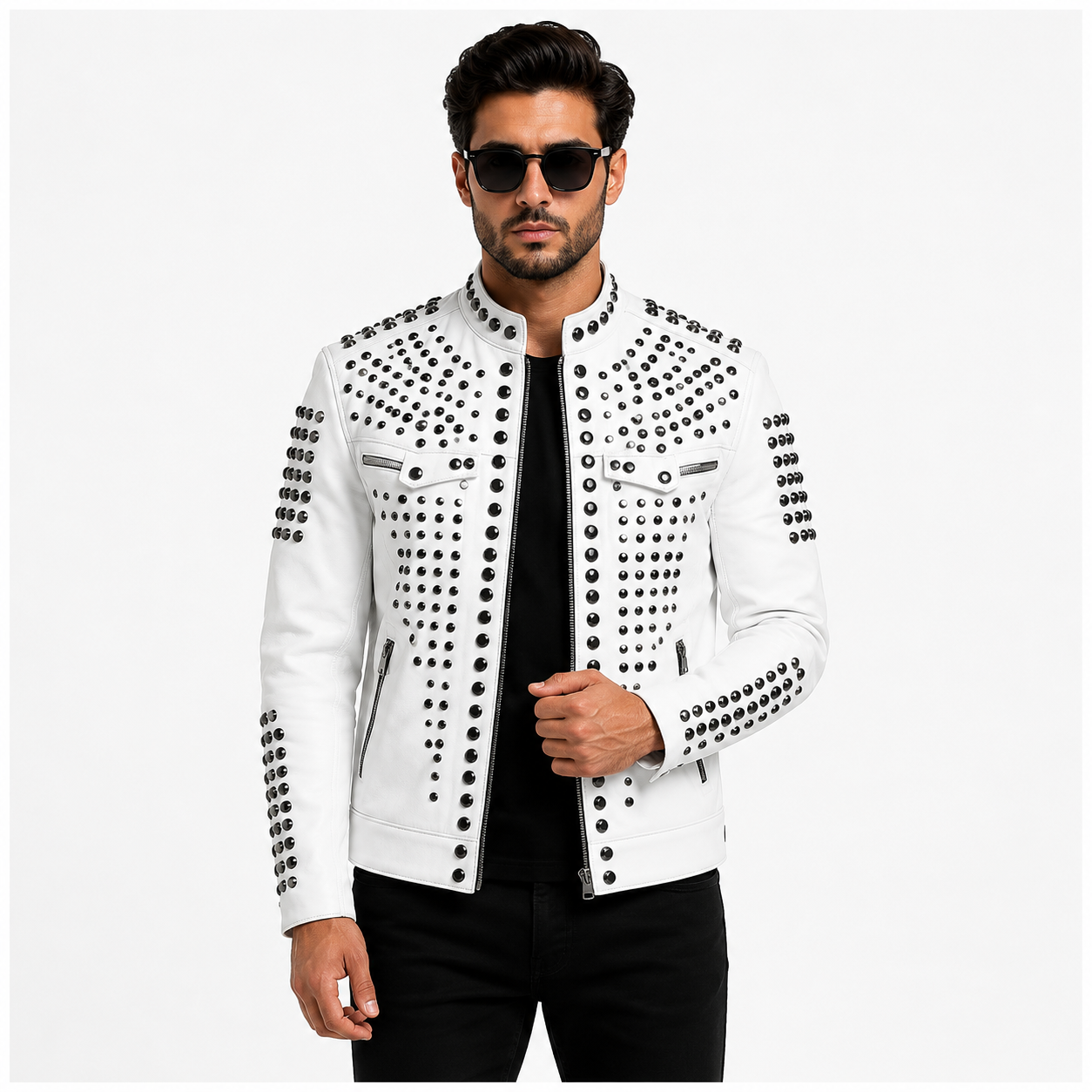 Men's White Studded Biker Leather Jacket