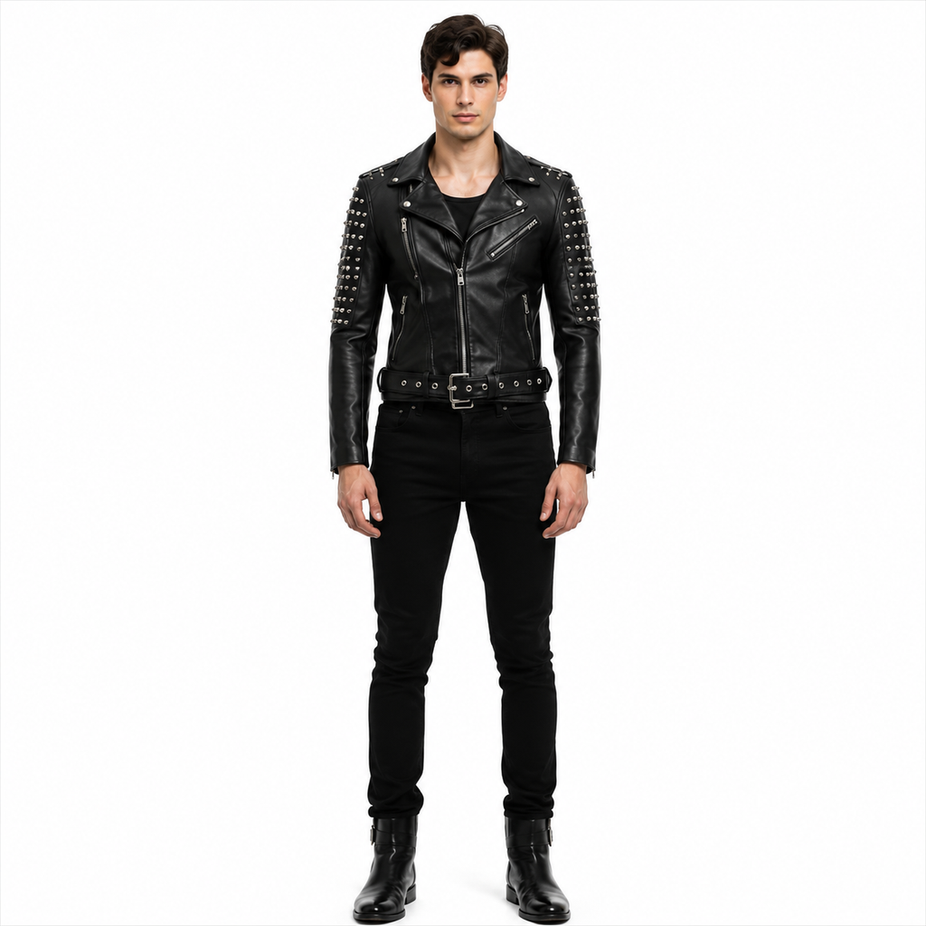 Men's Black Spiked Genuine Leather Asymmetrical Biker Jacket
