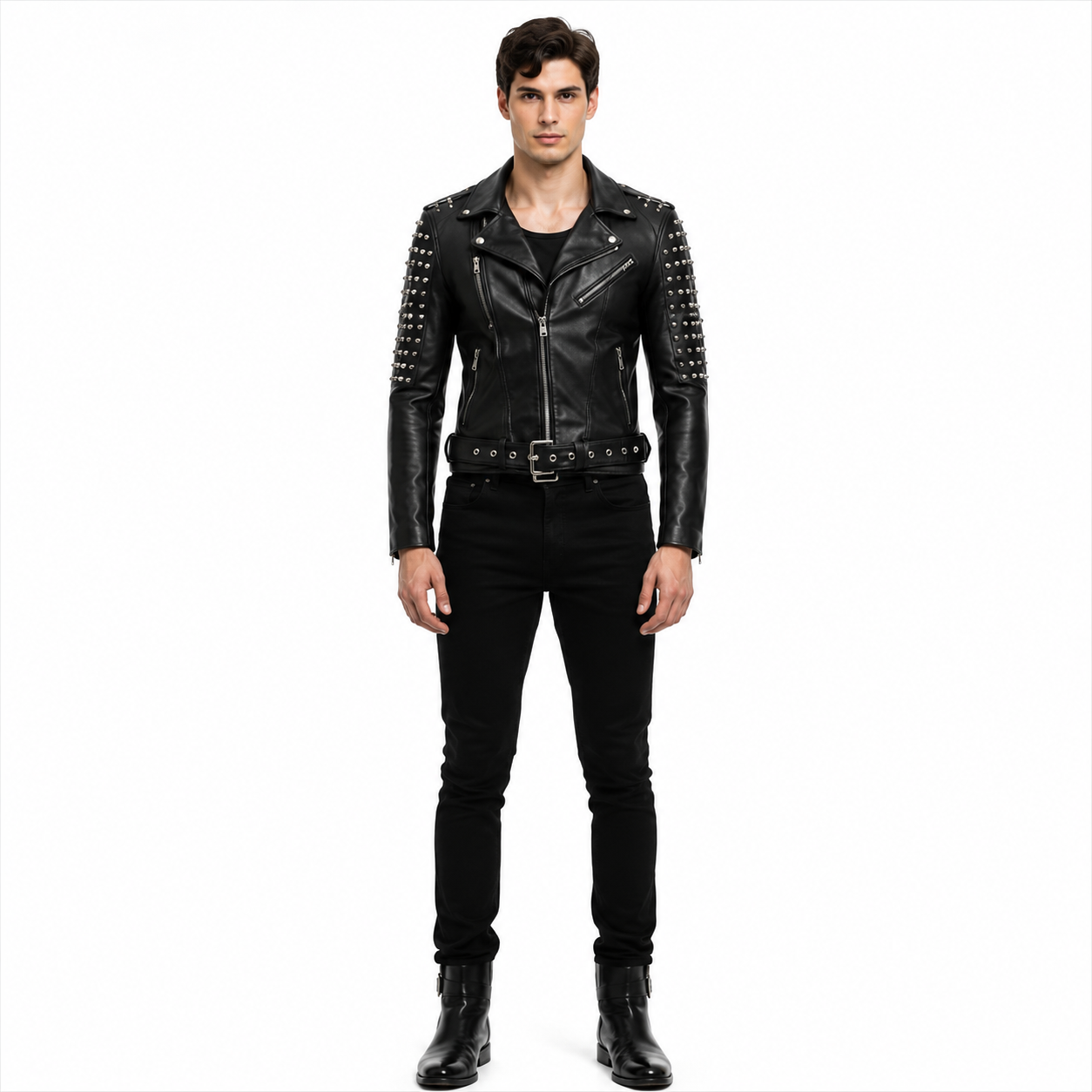 Men's Black Spiked Genuine Leather Asymmetrical Biker Jacket