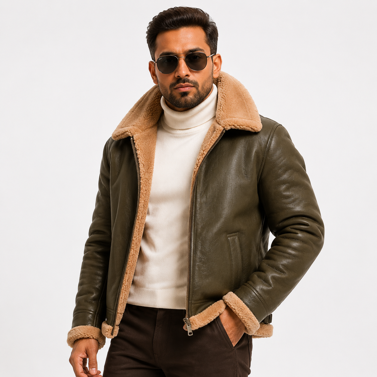 Men's Olive Brown Aviator Bomber Jacket
