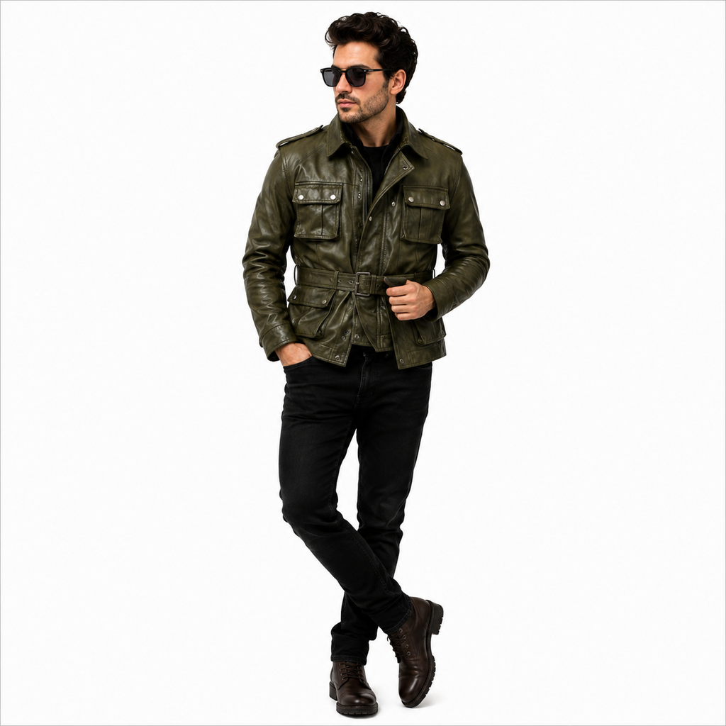 Men's Olive Green Military Safari Leather Field Jacket.