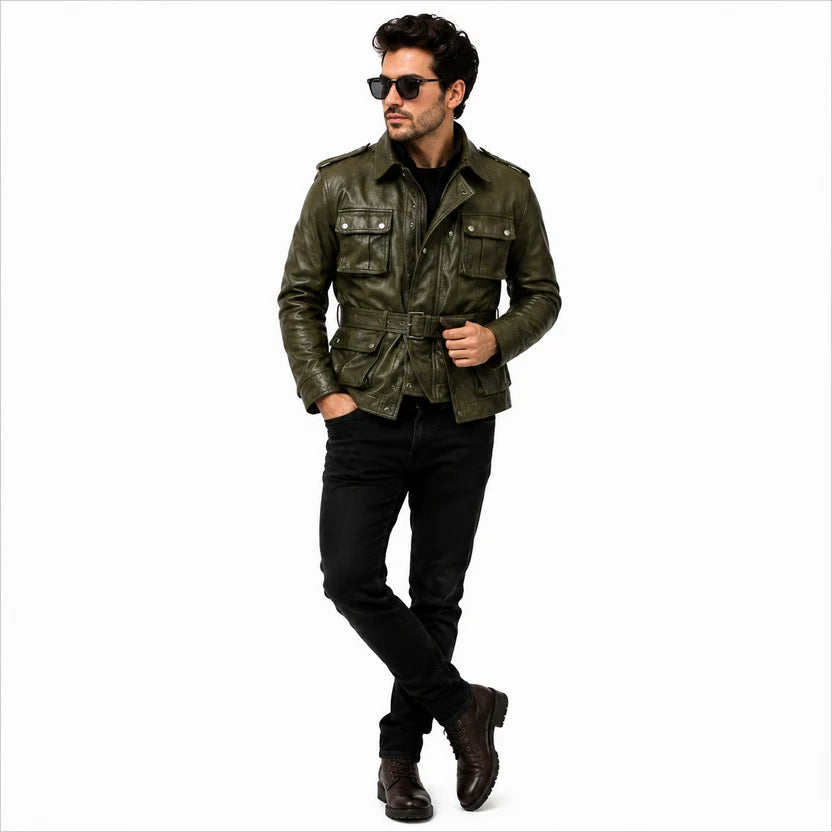 olive green leather field biker jacket