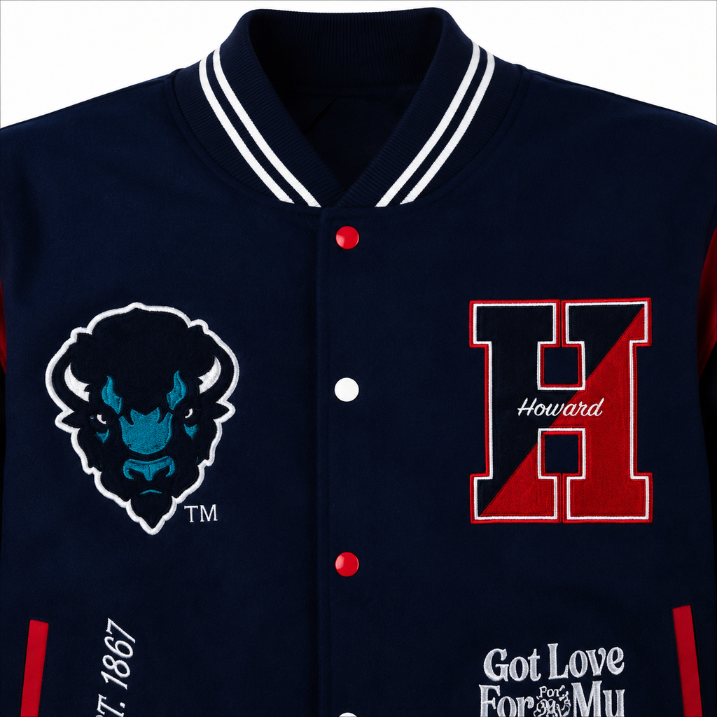 Navy Blue Howard University HBCU Varsity Jacket Chest Closeup with Buffalo Logo and Big H Patch