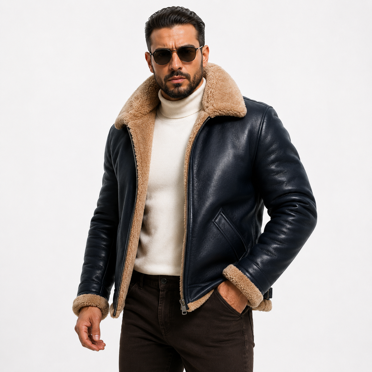 Men's Classic Navy Blue & Beige B-3 Aviator Jacket