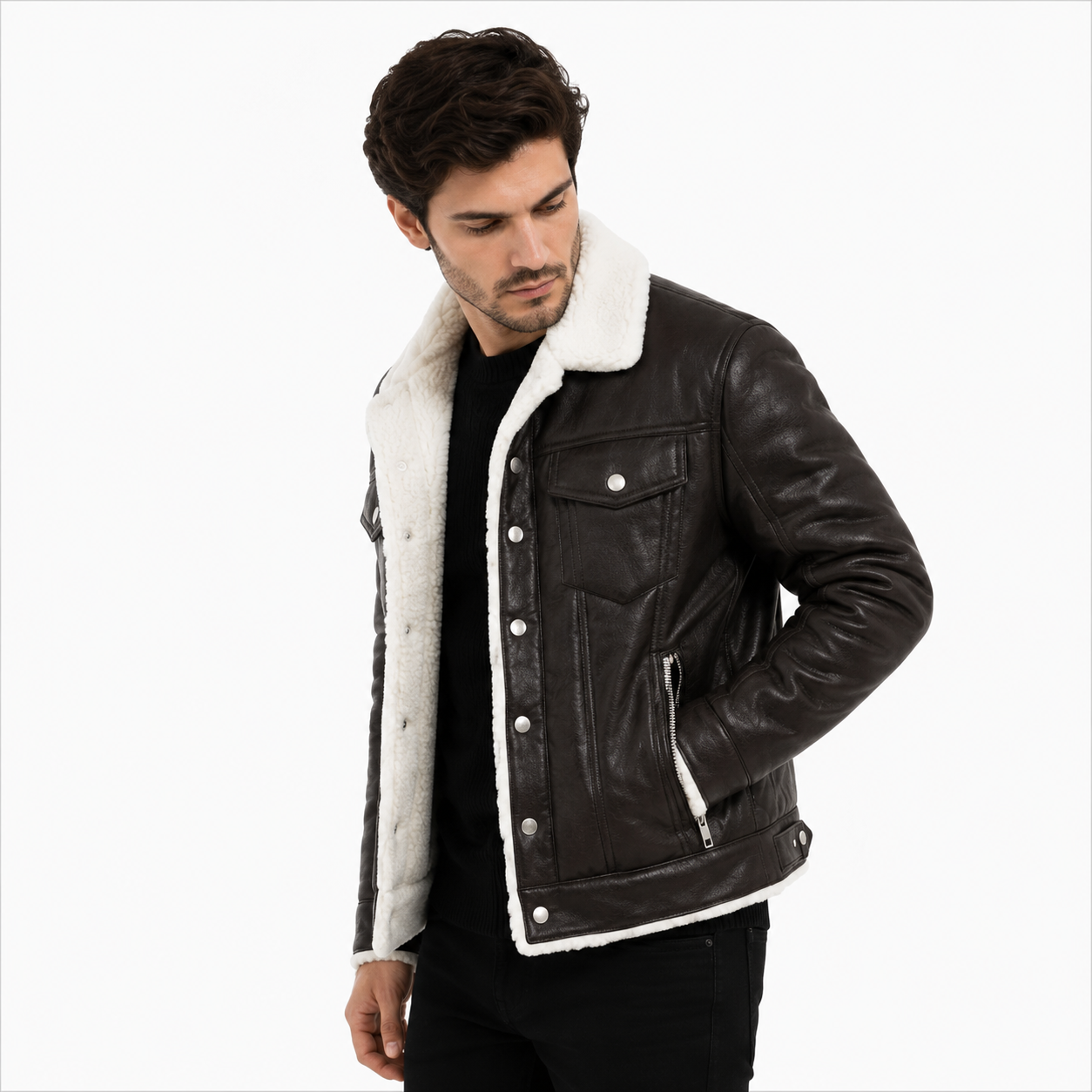 Men's black leather shearling trucker jacket