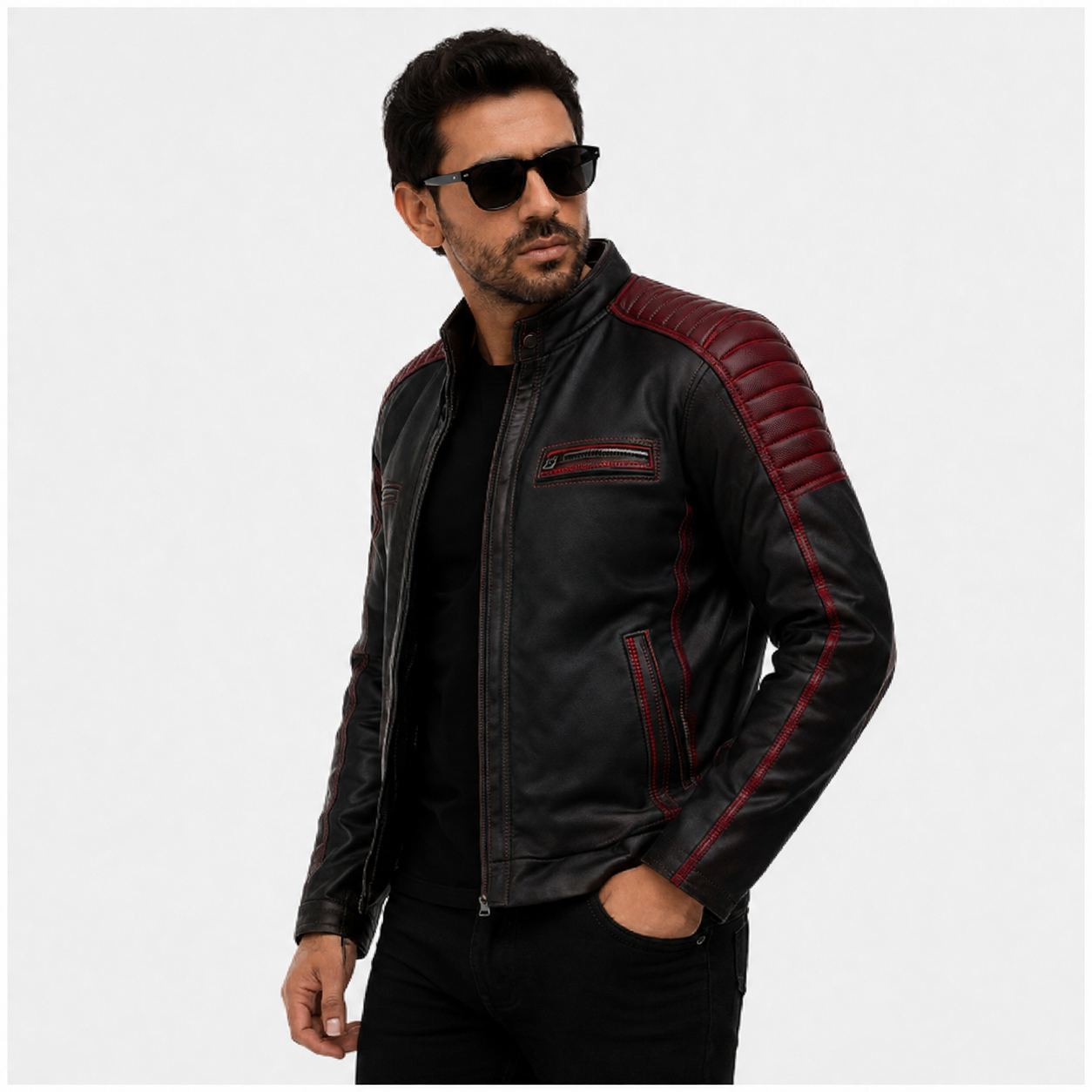 Men's Black & Maroon Racer Leather Biker Jacket