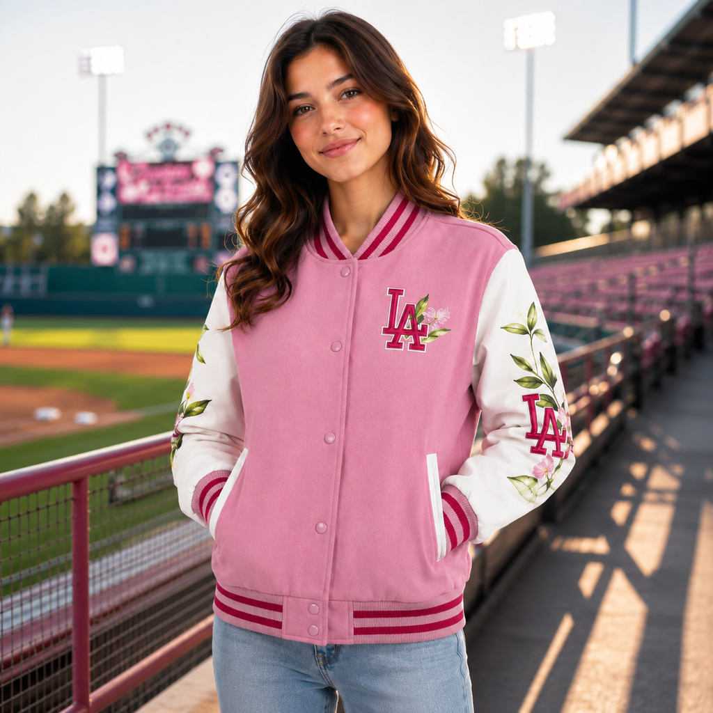 Women's Pink and White LA Floral Embroidered Varsity Jacket