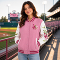 Women's Pink and White LA Floral Embroidered Varsity Jacket