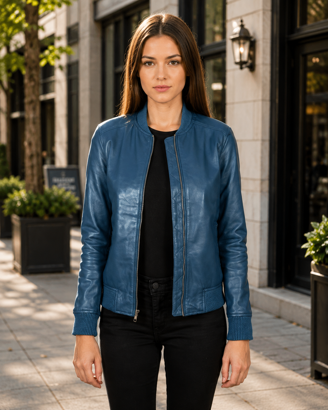 Teal Blue Leather Bomber Jacket