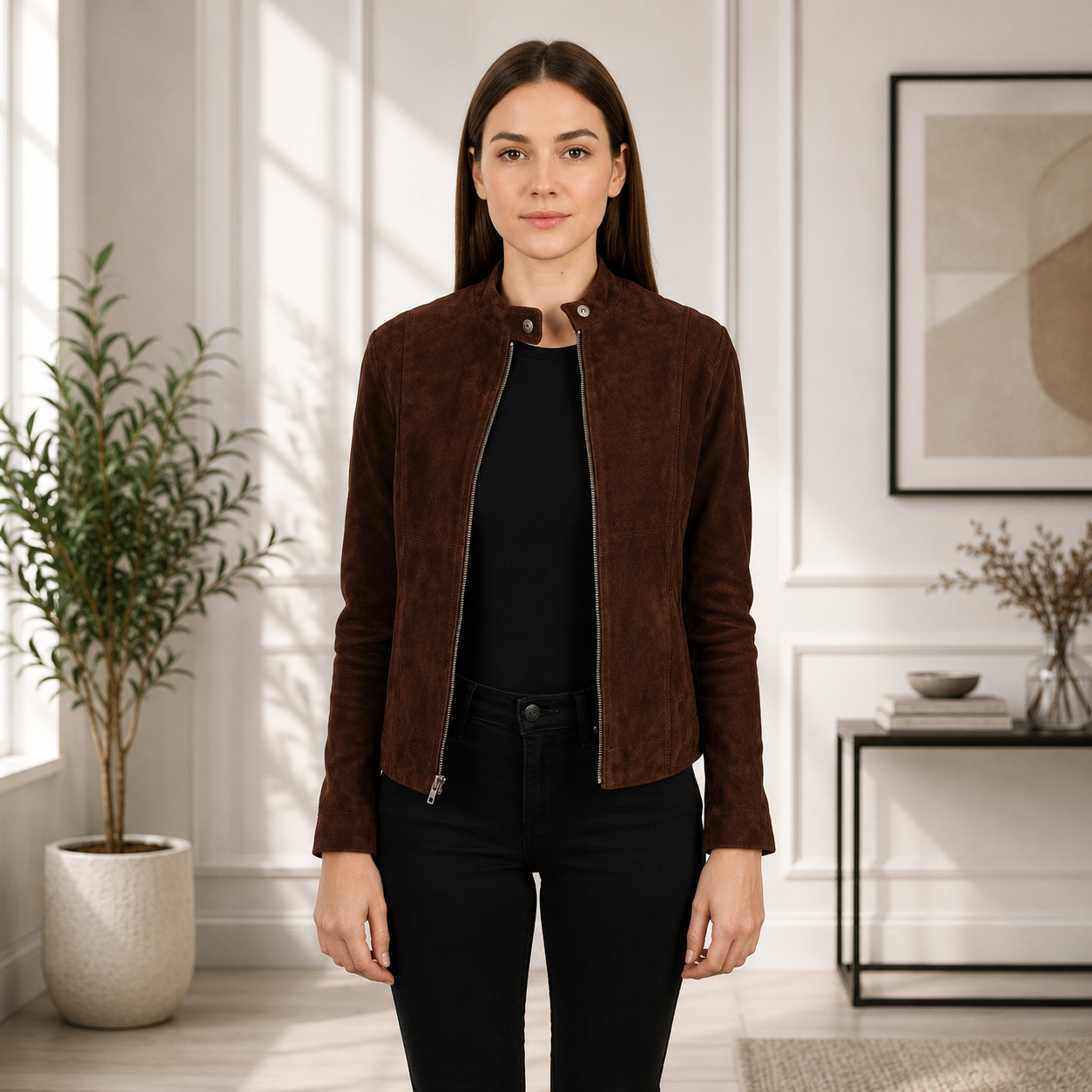 Women's Chocolate Brown Suede Zip Jacket
