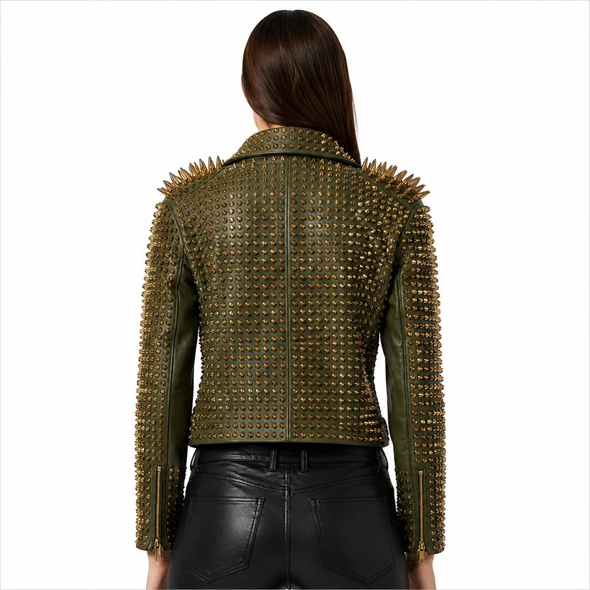 women's olive green studded leather moto jacket