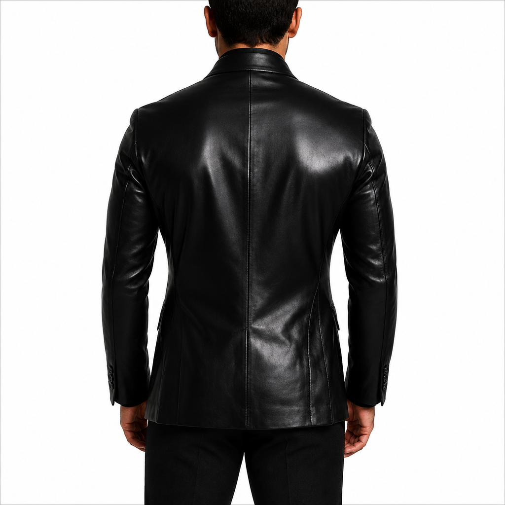 Black Leather Blazer for Men Back View Slim Fit