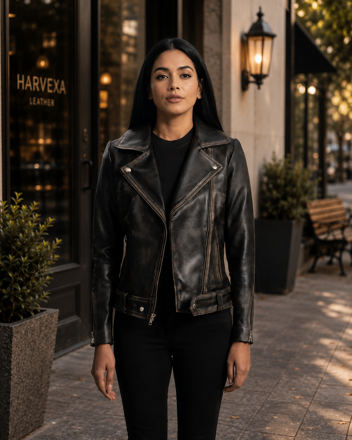 Women's Vintage Distressed Black Biker Leather Jacket