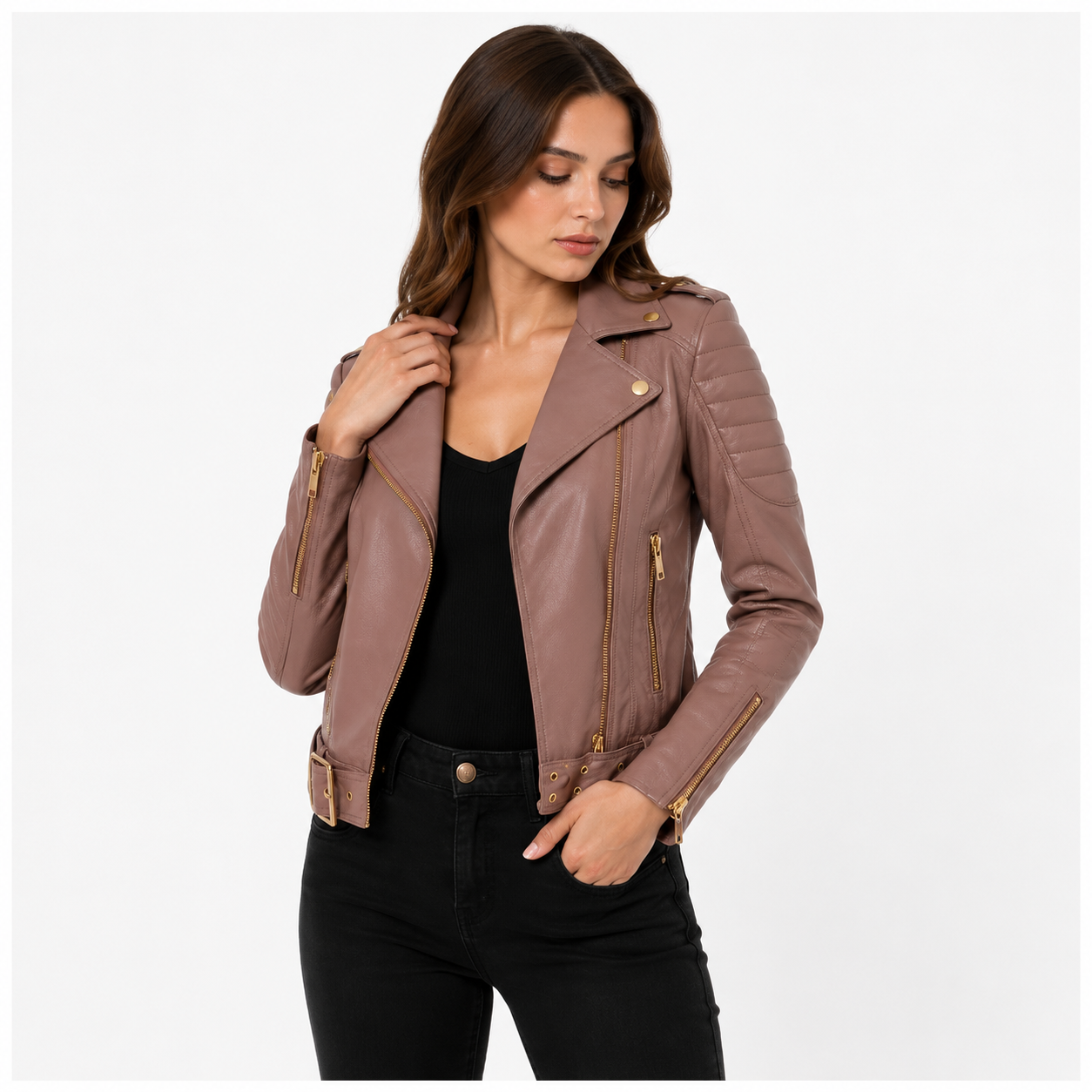 Muted Pink Quilted Moto Jacket