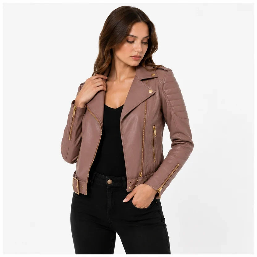 Women's Pink Genuine Leather Biker Jacket