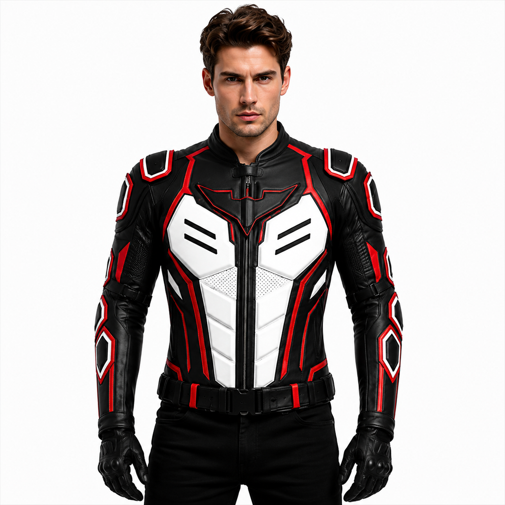 Men's Black Red White Armored Genuine Leather Motorcycle Jacket