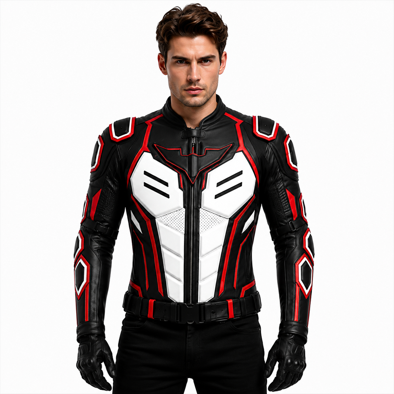 Men's Black Red White Armored Genuine Leather Motorcycle Jacket
