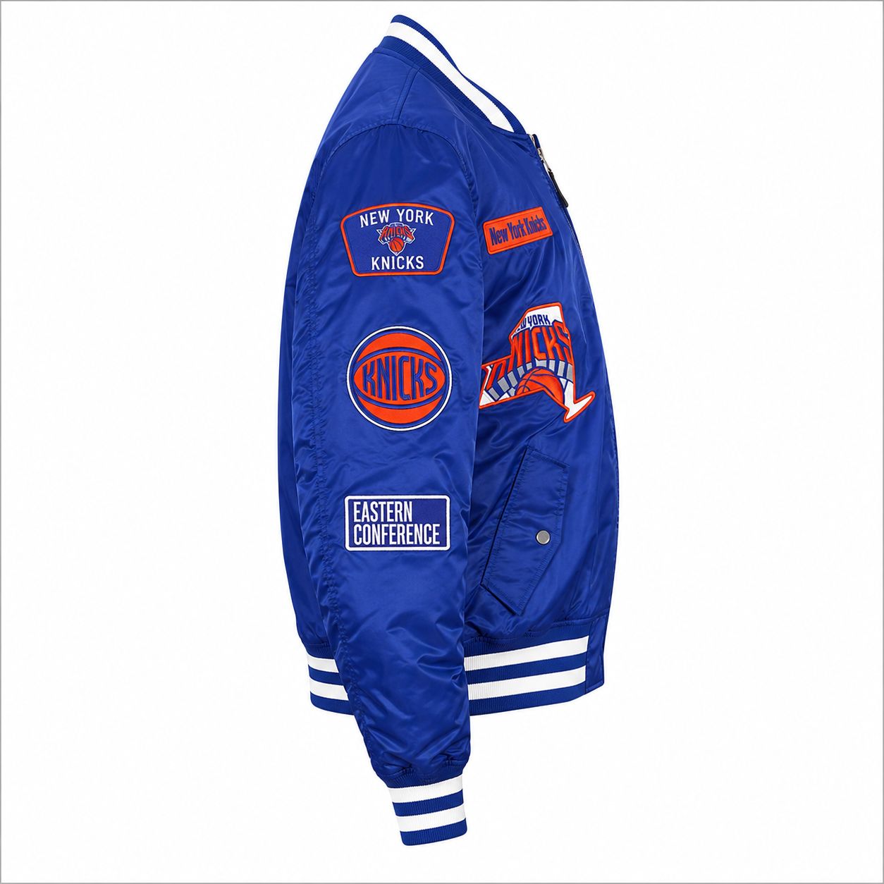 Blue New York Knicks NBA Satin Bomber Jacket with Patches and Logos