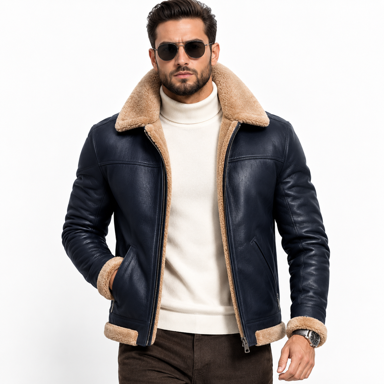 Men's Classic Navy Blue & Beige B-3 Aviator Jacket