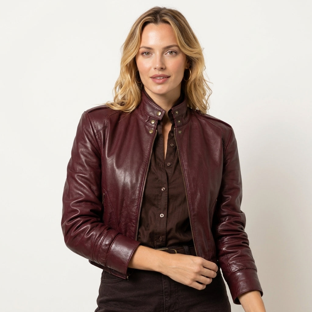 Close-up of a maroon leather jacket showing the stand-up collar, button details, and front zipper design