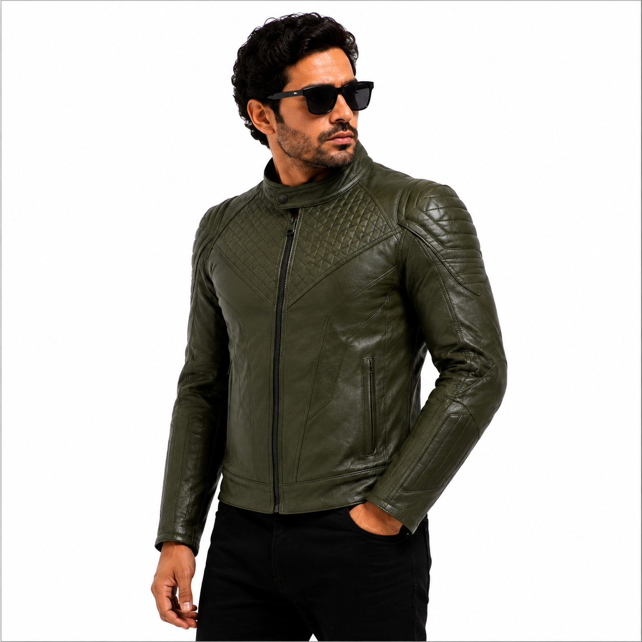 Men's Olive Green Quilted Racer Leather Jacket
