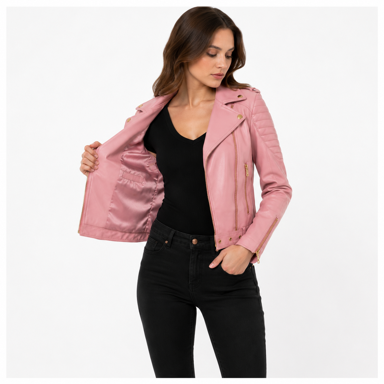 Women's Pink Leather Biker Jacket