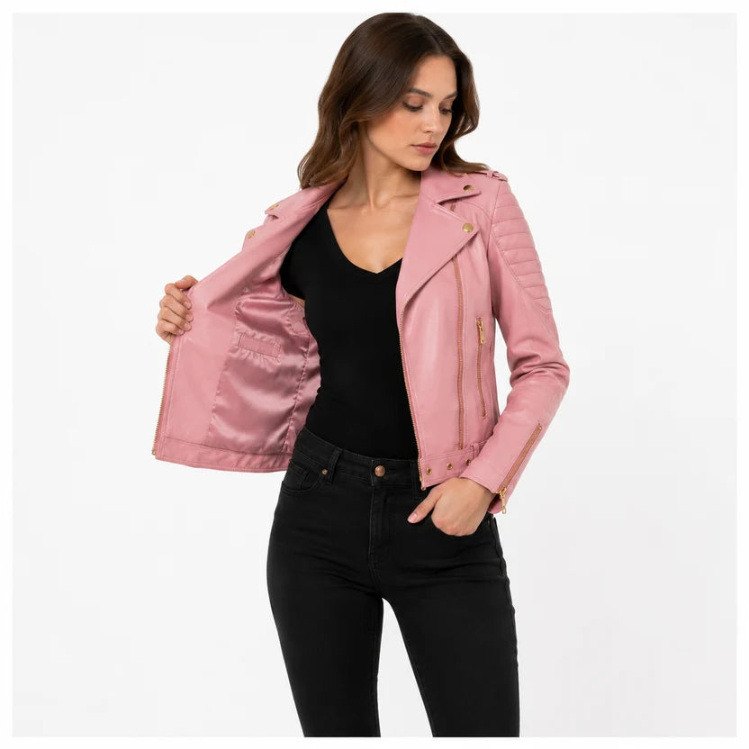 Women's Pink Biker Leather Jacket