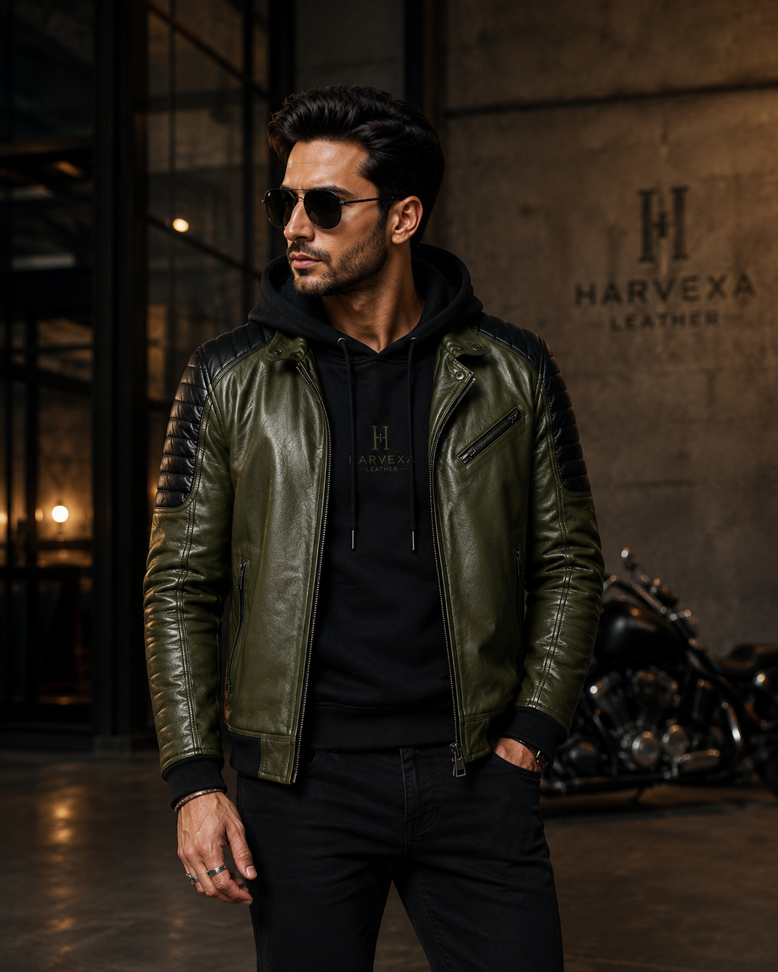 Men's olive green and black hooded leather biker jacket
