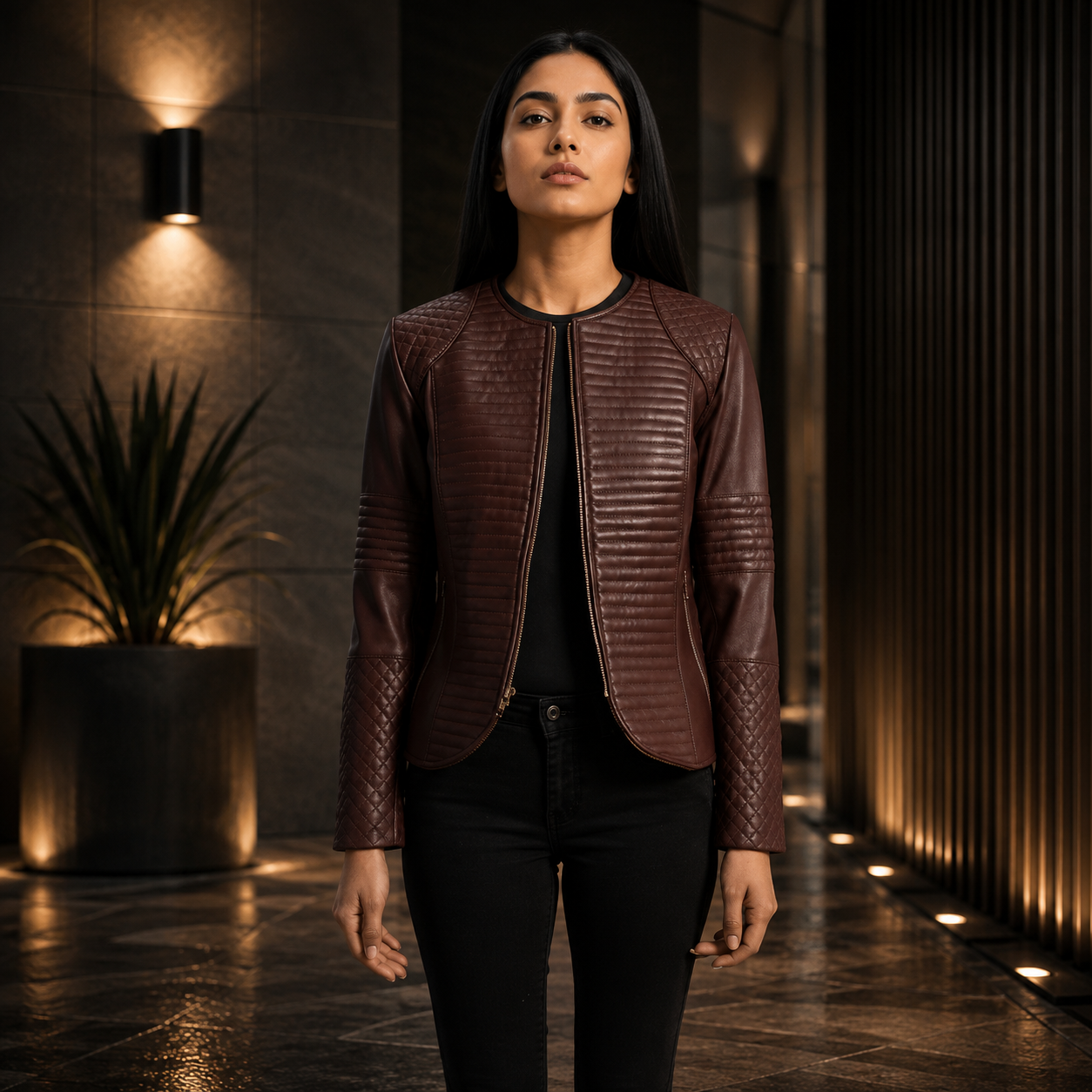 Women's Burgundy Quilted Leather Jacket