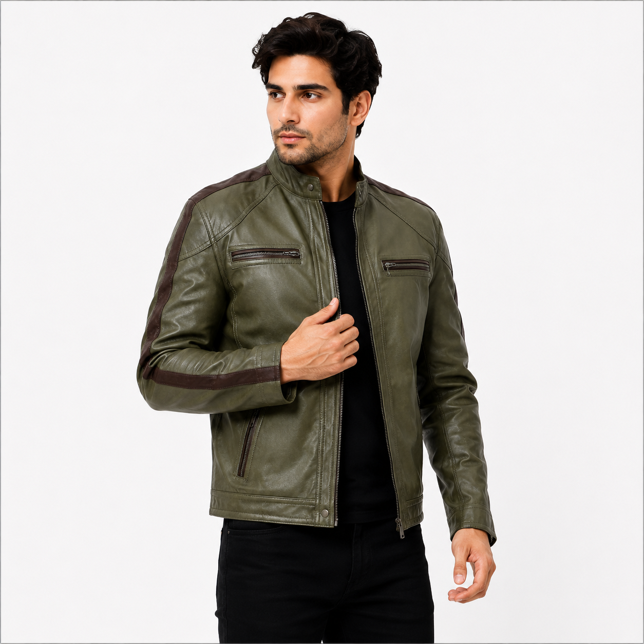 Men's Olive Green Cafe Racer Leather Jacket
