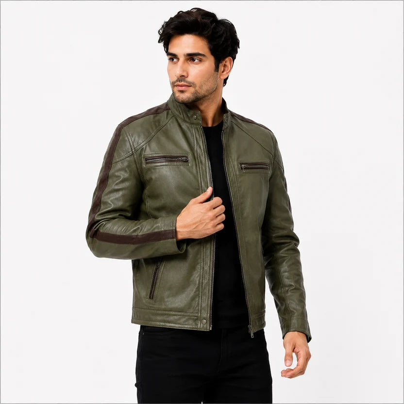 olive green leather cafe racer jacket