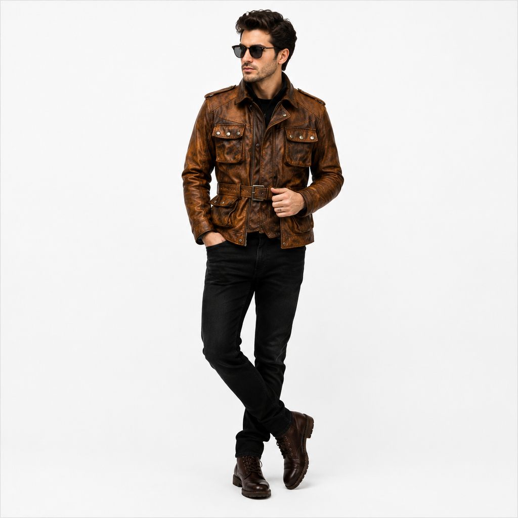 Men's Vintage Military Safari Leather Field Jacket