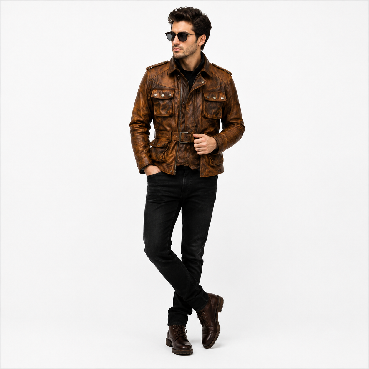 Men's Vintage Military Safari Leather Field Jacket