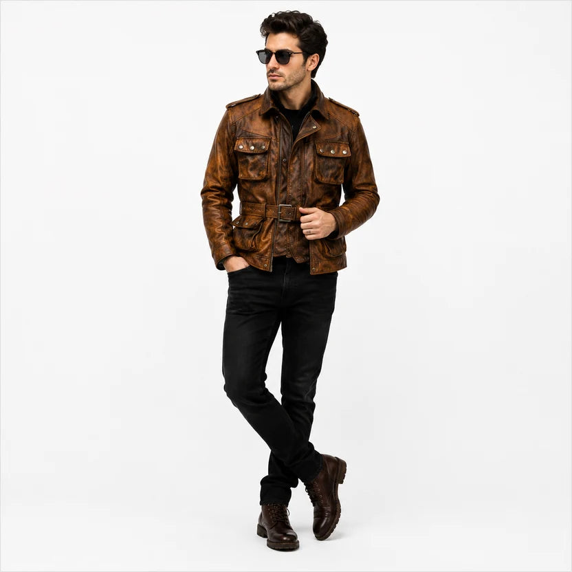 Men's Black Leather Military Field Jacket